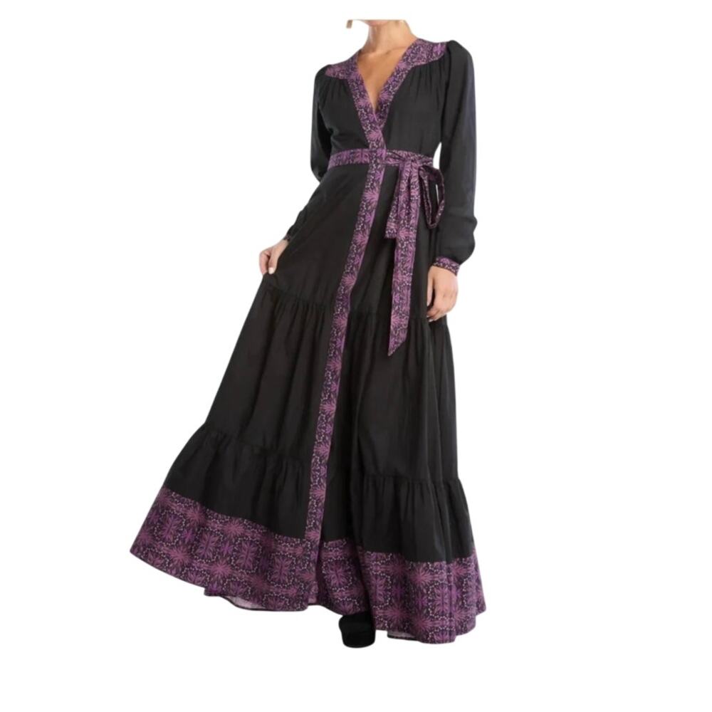 NWT Allison New York Sz M Madison Maxi Wrap Dress Black Purple Boho Prairie